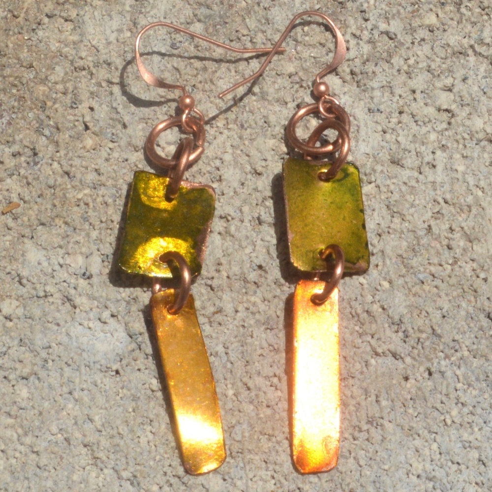 Solid Copper Drop Earrings Chartreuse Green and Yellow Patina Handmade Statement
